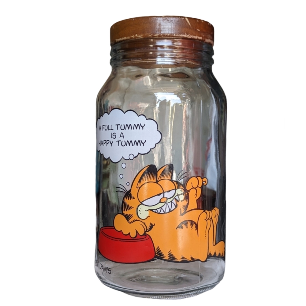 1978 Garfield Anchor Hocking Glass Canister with Lid Full Tummy Happy Tummy